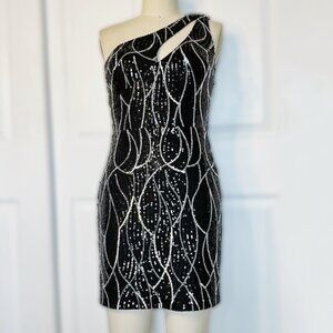 Black Sequins One Shoulder Mini Dress, Womens Eveningwear Dress Nox Anabel MED